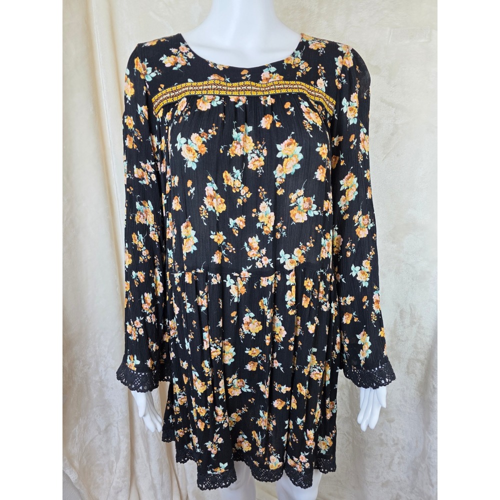 Anthropologie Uncle Frank Floral Boho Mini Dress Crochet Lace Trim Long Sleeve